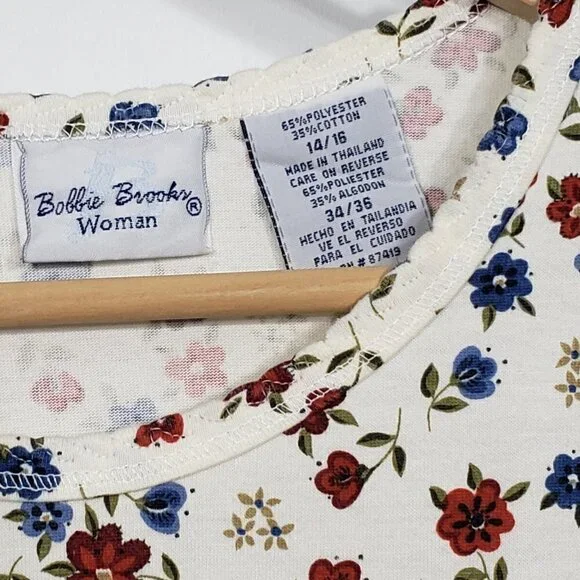 Bobbie Brooks  Cream & Blue Floral  Short Sleeve Blouse  Women's 14/16 - Picture 2 of 3